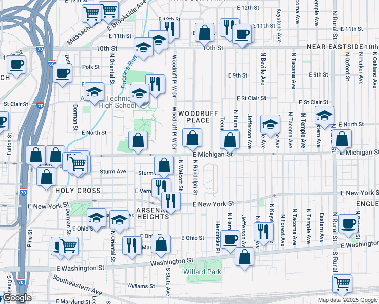 map of restaurants, bars, coffee shops, grocery stores, and more near 474 North Randolph Street in Indianapolis