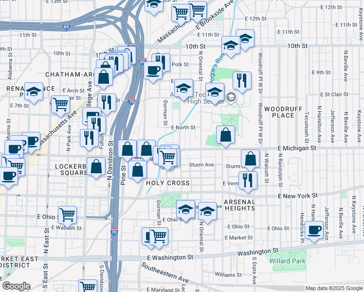 map of restaurants, bars, coffee shops, grocery stores, and more near in Indianapolis
