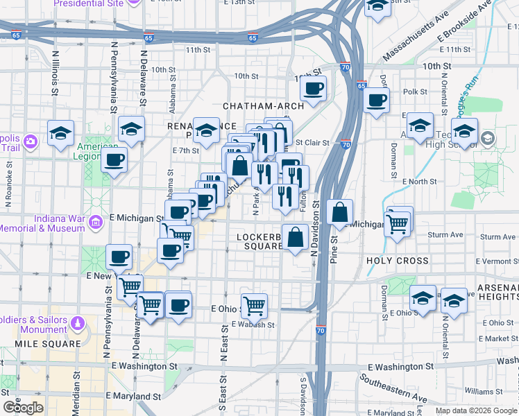 map of restaurants, bars, coffee shops, grocery stores, and more near 510 North Cincinnati Street in Indianapolis