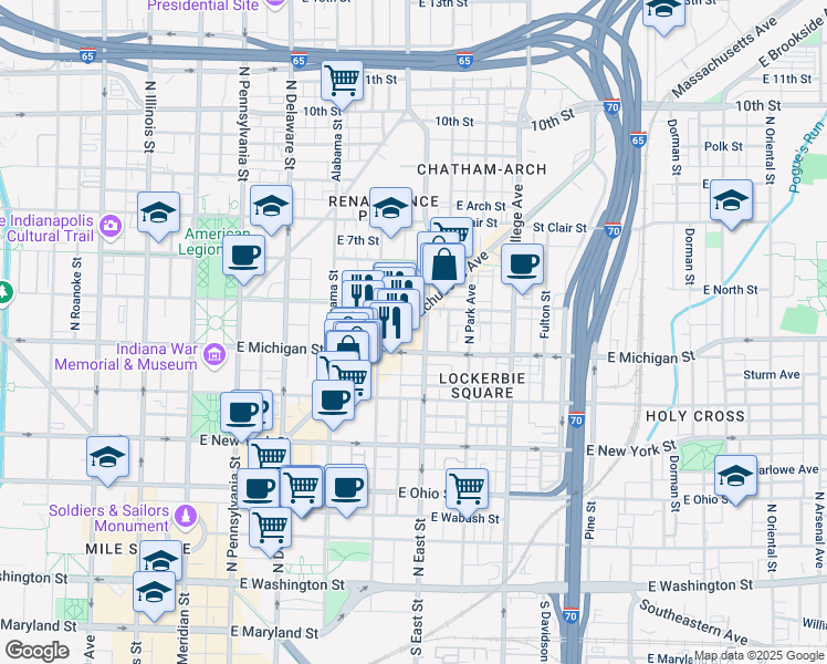 map of restaurants, bars, coffee shops, grocery stores, and more near 420 East Michigan Street in Indianapolis