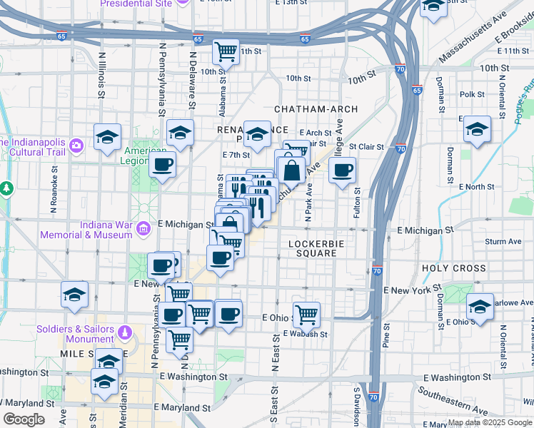 map of restaurants, bars, coffee shops, grocery stores, and more near 420 East Michigan Street in Indianapolis