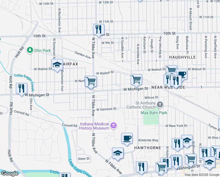 map of restaurants, bars, coffee shops, grocery stores, and more near 3321 West Michigan Street in Indianapolis