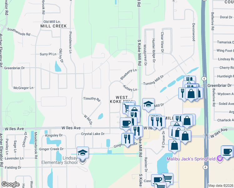 map of restaurants, bars, coffee shops, grocery stores, and more near 2204 Boysenberry Lane in Springfield
