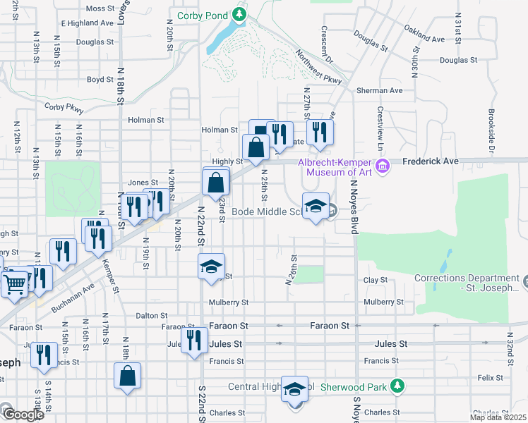 map of restaurants, bars, coffee shops, grocery stores, and more near 809 North 25th Street in Saint Joseph