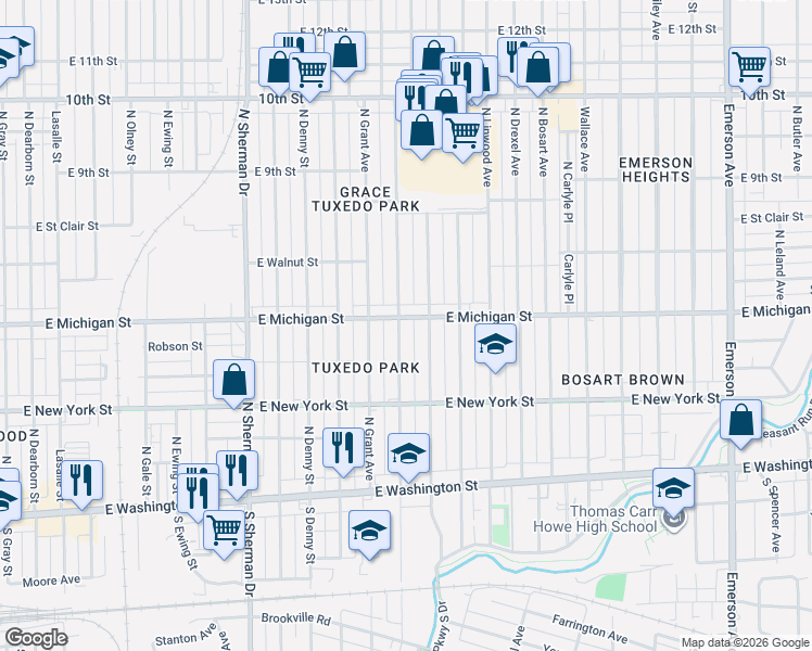 map of restaurants, bars, coffee shops, grocery stores, and more near 445 North Gladstone Avenue in Indianapolis