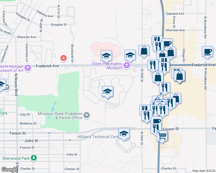 map of restaurants, bars, coffee shops, grocery stores, and more near 3401 Faraon Street in Saint Joseph