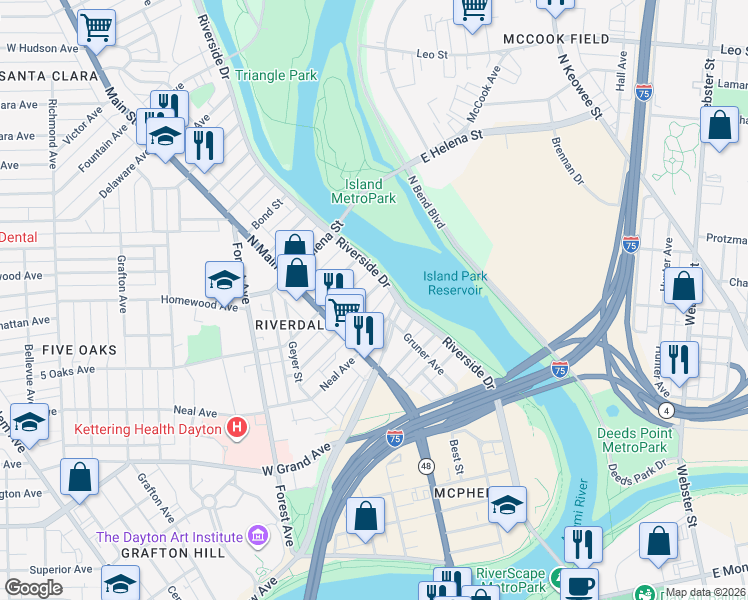 map of restaurants, bars, coffee shops, grocery stores, and more near 49 Locust Street in Dayton