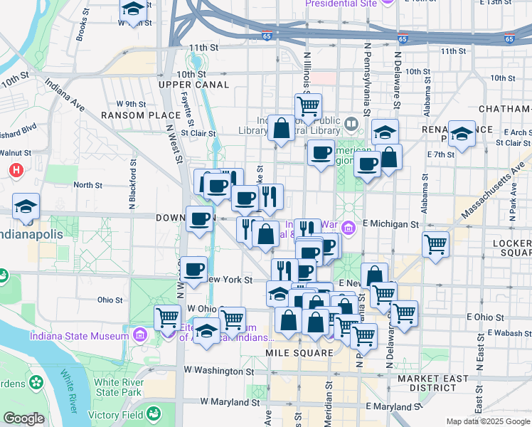 map of restaurants, bars, coffee shops, grocery stores, and more near 203 West Michigan Street in Indianapolis