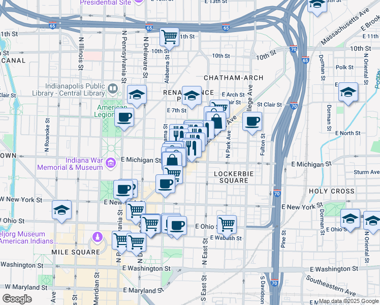 map of restaurants, bars, coffee shops, grocery stores, and more near 502 Massachusetts Avenue in Indianapolis