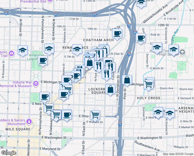 map of restaurants, bars, coffee shops, grocery stores, and more near 510 North Cincinnati Street in Indianapolis
