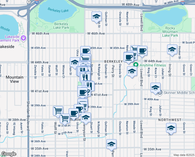 map of restaurants, bars, coffee shops, grocery stores, and more near 4235 Raleigh Street in Denver