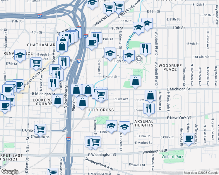map of restaurants, bars, coffee shops, grocery stores, and more near in Indianapolis