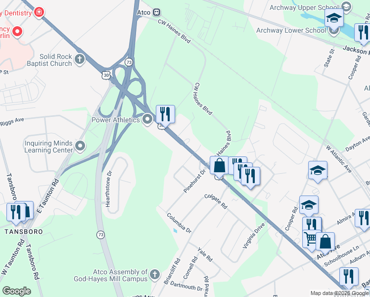 map of restaurants, bars, coffee shops, grocery stores, and more near 19 Deerpond Boulevard in Atco