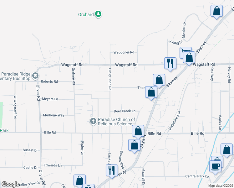 map of restaurants, bars, coffee shops, grocery stores, and more near 888 Thomasson Lane in Paradise