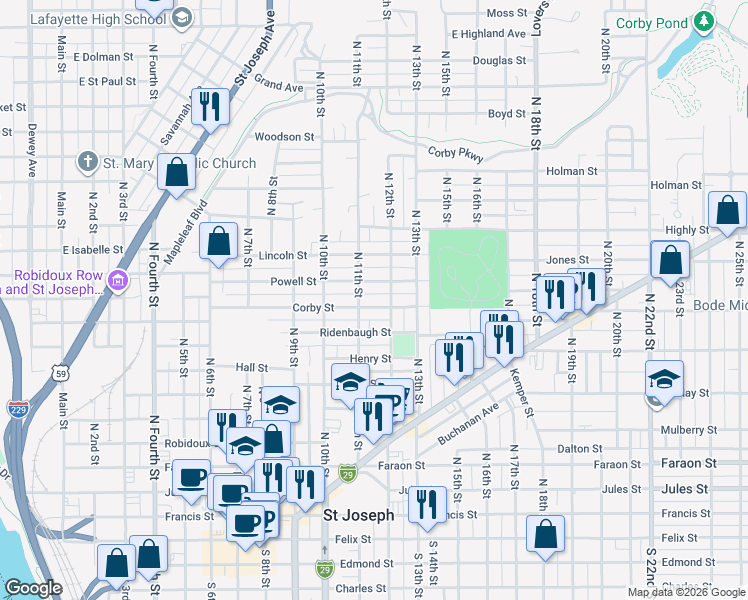 map of restaurants, bars, coffee shops, grocery stores, and more near 1106 Corby Street in Saint Joseph