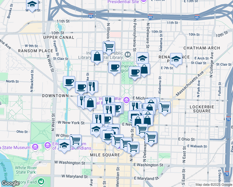 map of restaurants, bars, coffee shops, grocery stores, and more near 500 North Meridian Street in Indianapolis