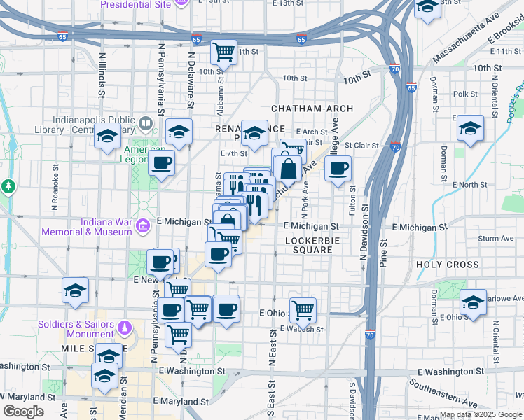 map of restaurants, bars, coffee shops, grocery stores, and more near 420 East Michigan Street in Indianapolis