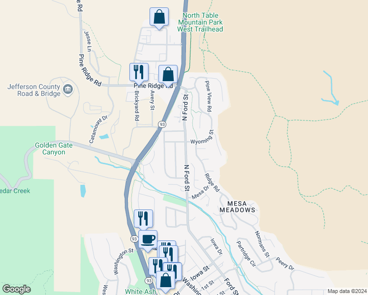 map of restaurants, bars, coffee shops, grocery stores, and more near 1052 North Ford Street in Golden