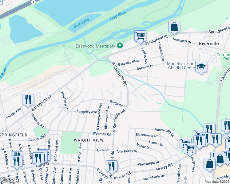 map of restaurants, bars, coffee shops, grocery stores, and more near 434 Blackwood Avenue in Dayton