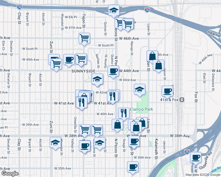 map of restaurants, bars, coffee shops, grocery stores, and more near 4156 Quivas Street in Denver