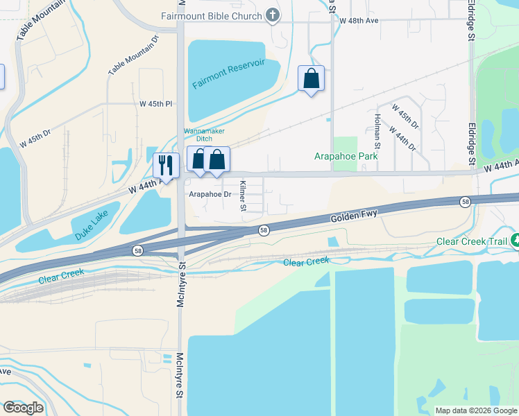 map of restaurants, bars, coffee shops, grocery stores, and more near 4300 Kendrick Street in Golden