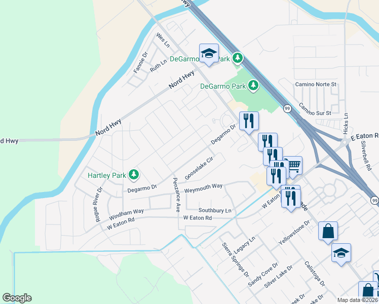 map of restaurants, bars, coffee shops, grocery stores, and more near 136 Degarmo Drive in Chico