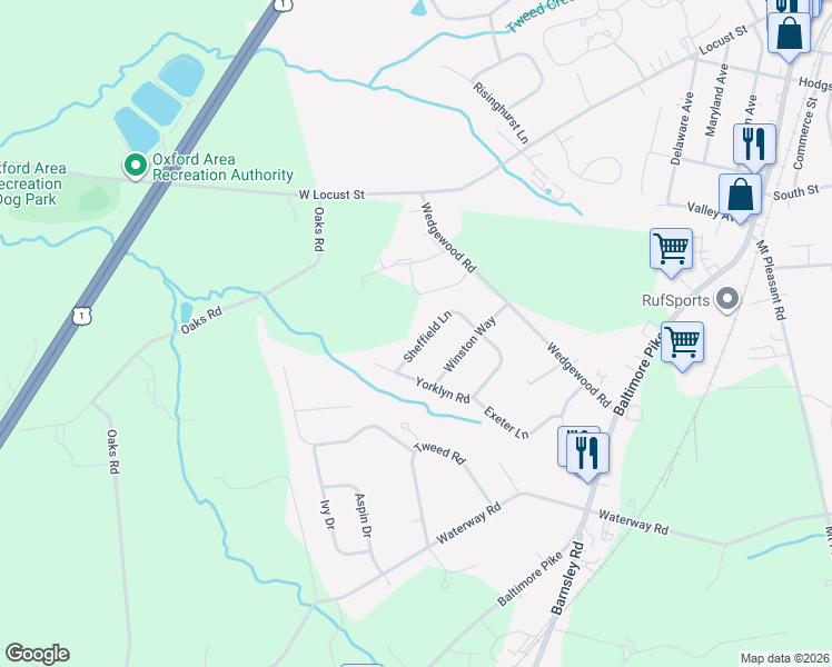 map of restaurants, bars, coffee shops, grocery stores, and more near 216 Sheffield Lane in Oxford
