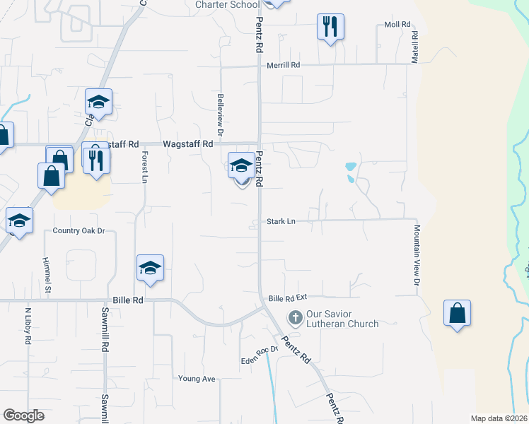 map of restaurants, bars, coffee shops, grocery stores, and more near 6572 Pentz Road in Paradise