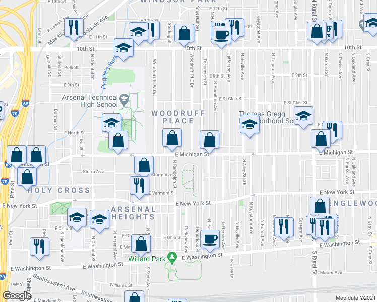 map of restaurants, bars, coffee shops, grocery stores, and more near 504 Woodruff Place East Drive in Indianapolis