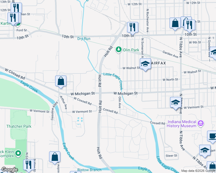 map of restaurants, bars, coffee shops, grocery stores, and more near 3800 West Michigan Street in Indianapolis