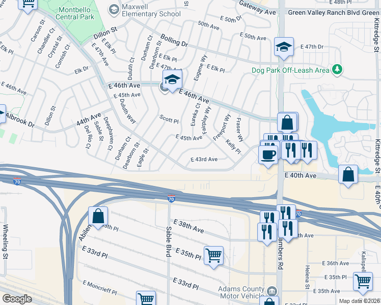 map of restaurants, bars, coffee shops, grocery stores, and more near 15072 East 43rd Avenue in Denver