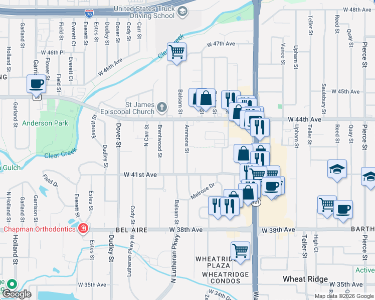 map of restaurants, bars, coffee shops, grocery stores, and more near 4235 Ammons Street in Wheat Ridge