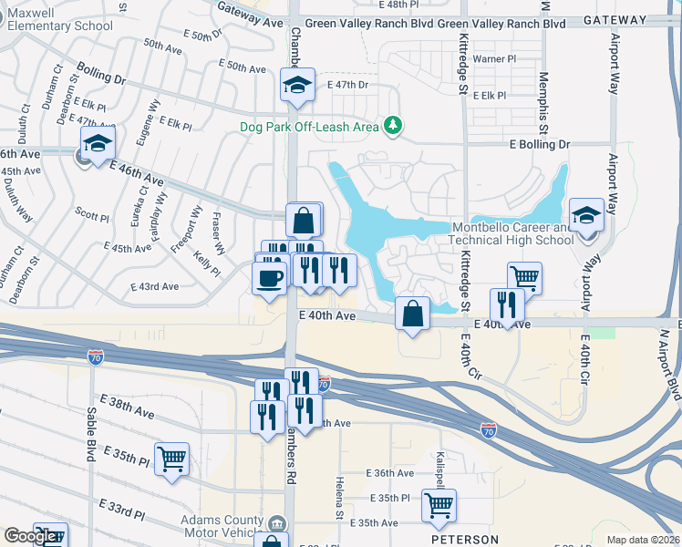map of restaurants, bars, coffee shops, grocery stores, and more near 15460 Andrews Drive in Denver