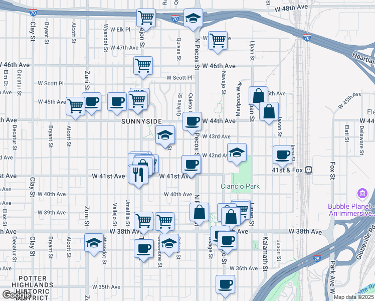 map of restaurants, bars, coffee shops, grocery stores, and more near 4156 Quivas Street in Denver
