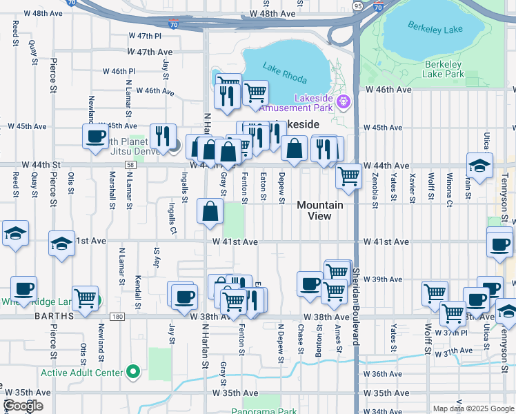 map of restaurants, bars, coffee shops, grocery stores, and more near 4168 Fenton Street in Denver