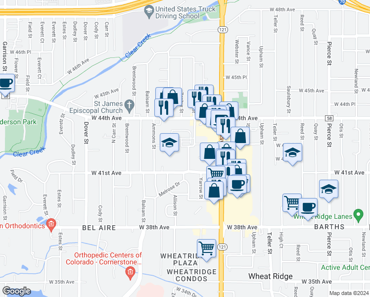 map of restaurants, bars, coffee shops, grocery stores, and more near 4160 Yarrow Court in Wheat Ridge