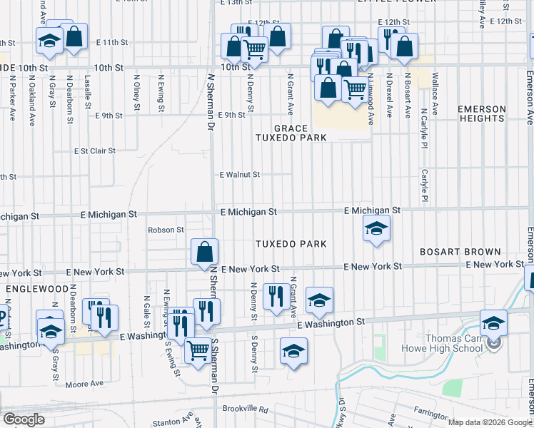 map of restaurants, bars, coffee shops, grocery stores, and more near 419 North Chester Avenue in Indianapolis