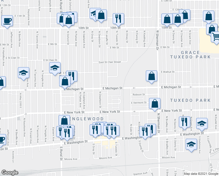 map of restaurants, bars, coffee shops, grocery stores, and more near 3316 Robson Street in Indianapolis