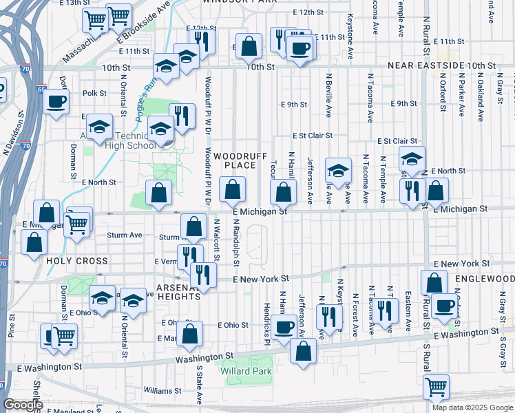 map of restaurants, bars, coffee shops, grocery stores, and more near 504 Woodruff Place East Drive in Indianapolis