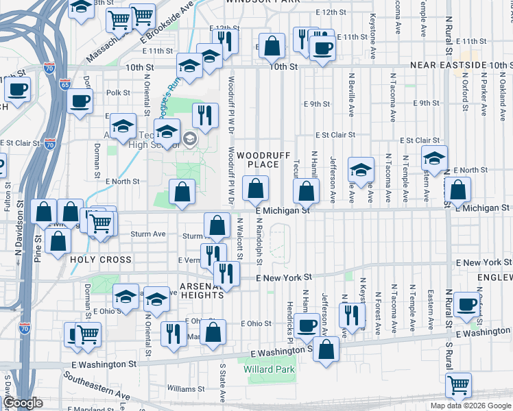 map of restaurants, bars, coffee shops, grocery stores, and more near 476 North Randolph Street in Indianapolis
