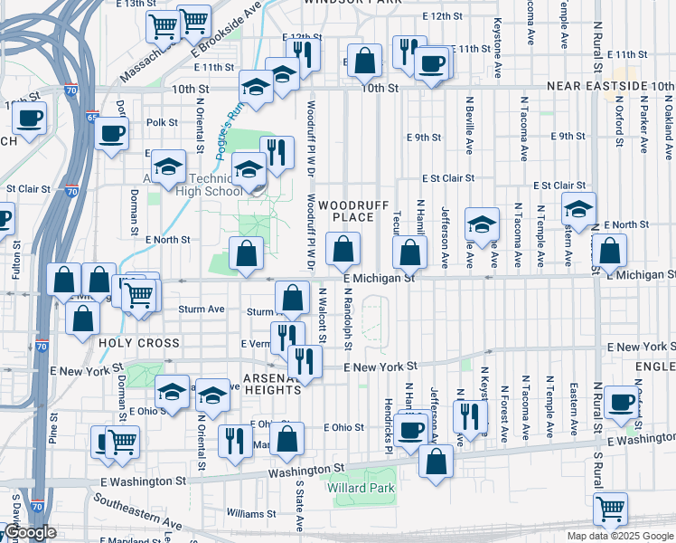 map of restaurants, bars, coffee shops, grocery stores, and more near 474 North Randolph Street in Indianapolis
