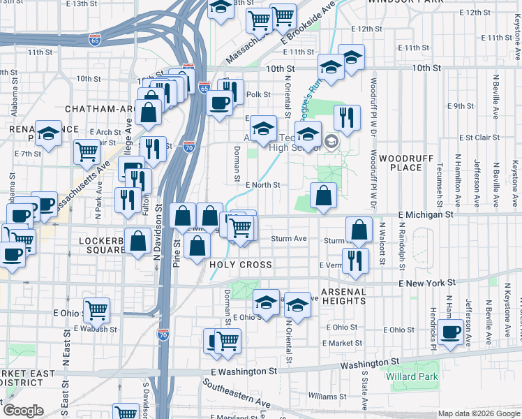 map of restaurants, bars, coffee shops, grocery stores, and more near in Indianapolis