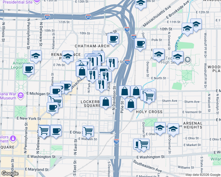 map of restaurants, bars, coffee shops, grocery stores, and more near 890 East Michigan Street in Indianapolis