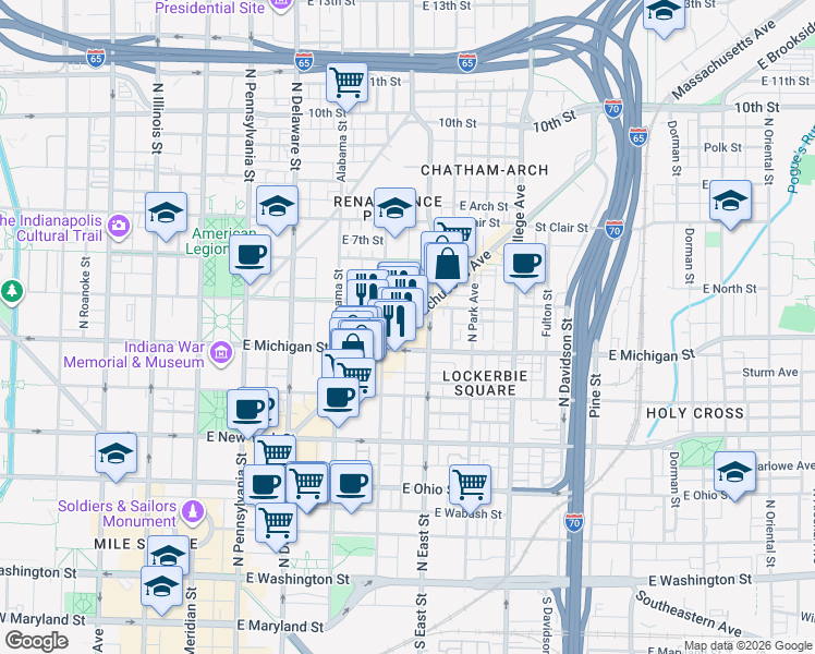 map of restaurants, bars, coffee shops, grocery stores, and more near 420 East Michigan Street in Indianapolis