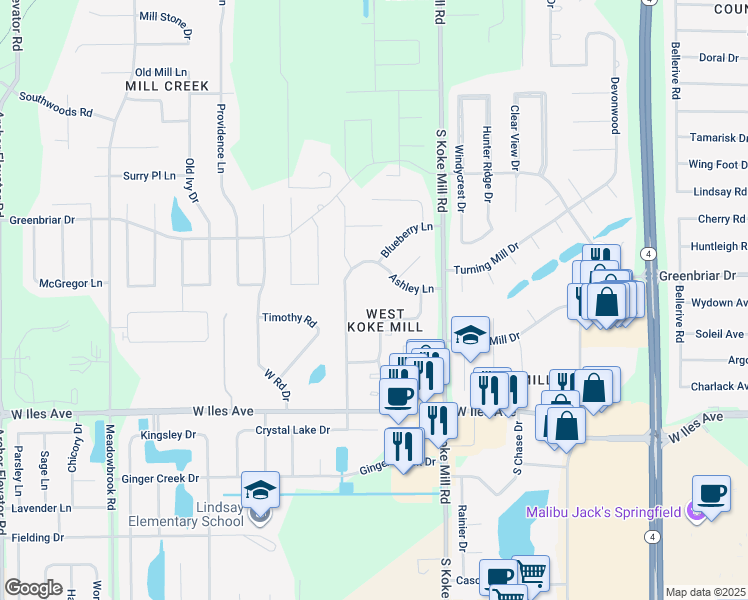 map of restaurants, bars, coffee shops, grocery stores, and more near 2204 Boysenberry Lane in Springfield