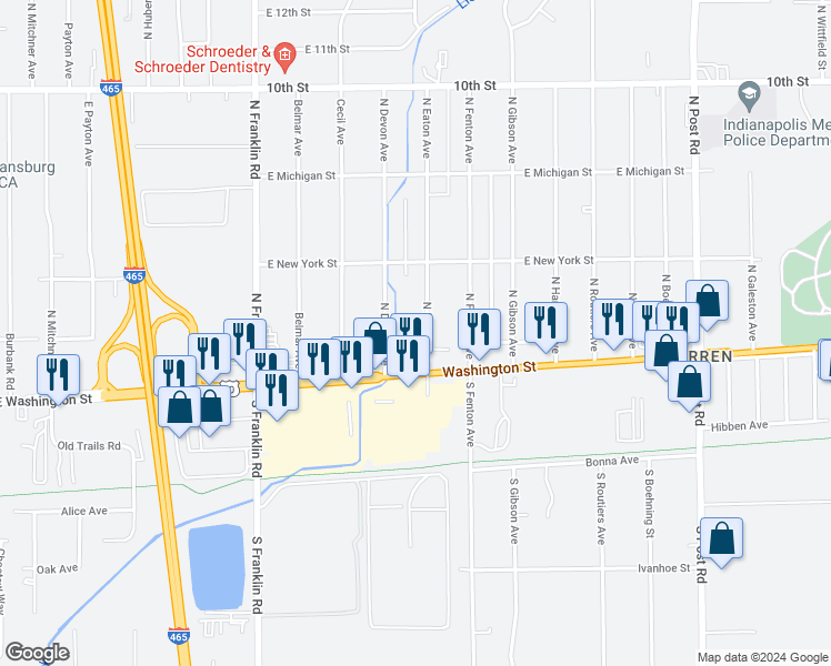 map of restaurants, bars, coffee shops, grocery stores, and more near 8310 East Washington Street in Indianapolis