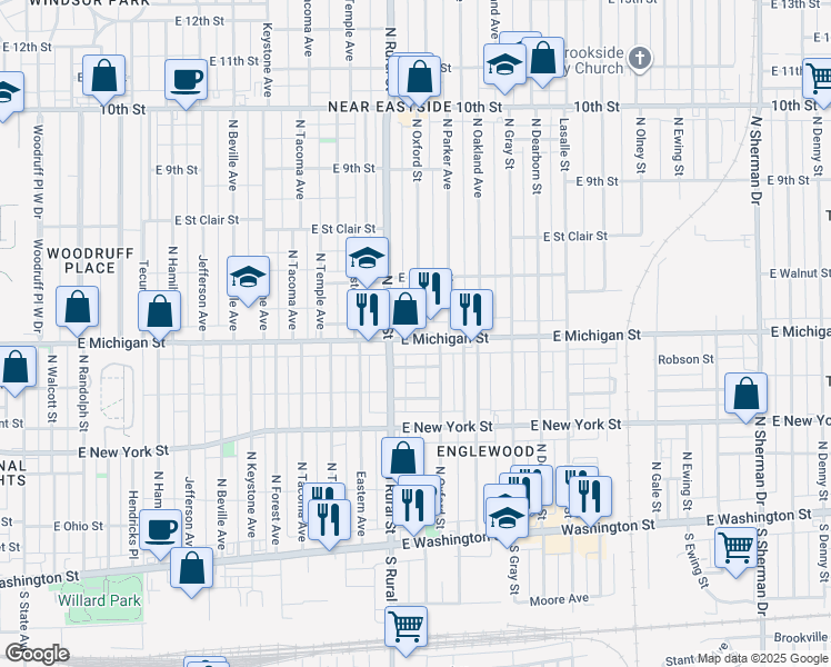 map of restaurants, bars, coffee shops, grocery stores, and more near 2832 East Michigan Street in Indianapolis