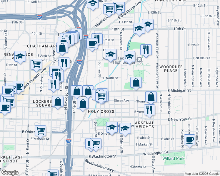 map of restaurants, bars, coffee shops, grocery stores, and more near in Indianapolis