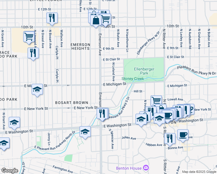 map of restaurants, bars, coffee shops, grocery stores, and more near 5125 Maple Lane in Indianapolis