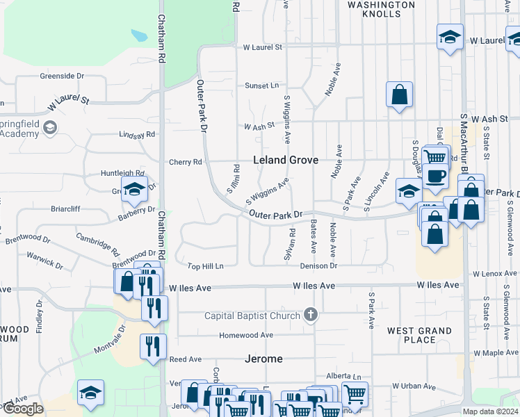 map of restaurants, bars, coffee shops, grocery stores, and more near 1623 Outer Park Drive in Springfield